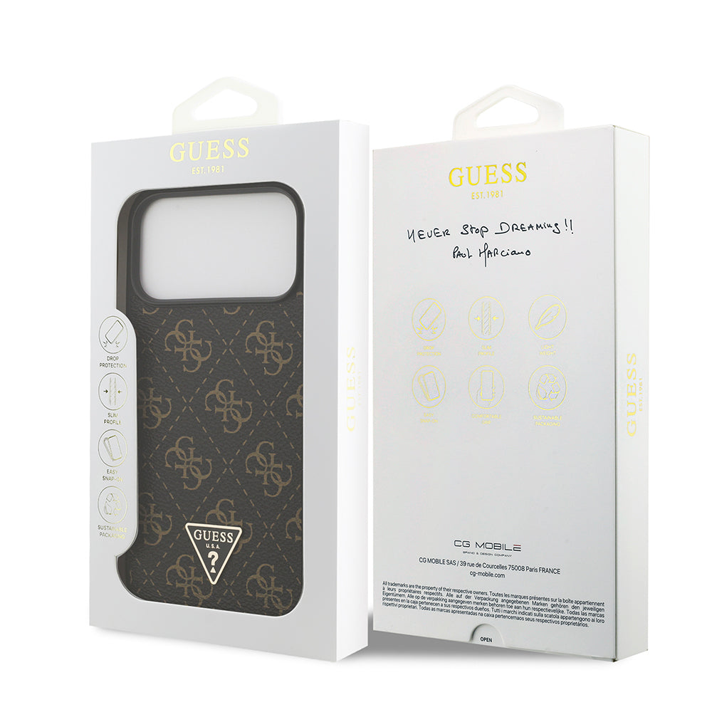 Guess iPhone 17 Pro Max Orjinal Lisanslı PU Deri 4G Desenli Üçgen Logolu Kılıf Guess iPhone 17 Pro Max Orjinal Lisanslı PU Deri 4G Desenli Üçgen Logolu Kılıf